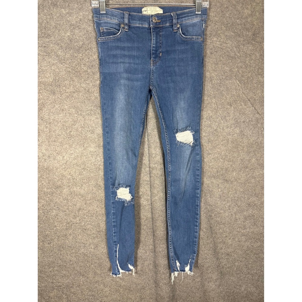 Free People Distressed Skinny Jeans Blue Ripped Raw Hem Women Size 25R 61855